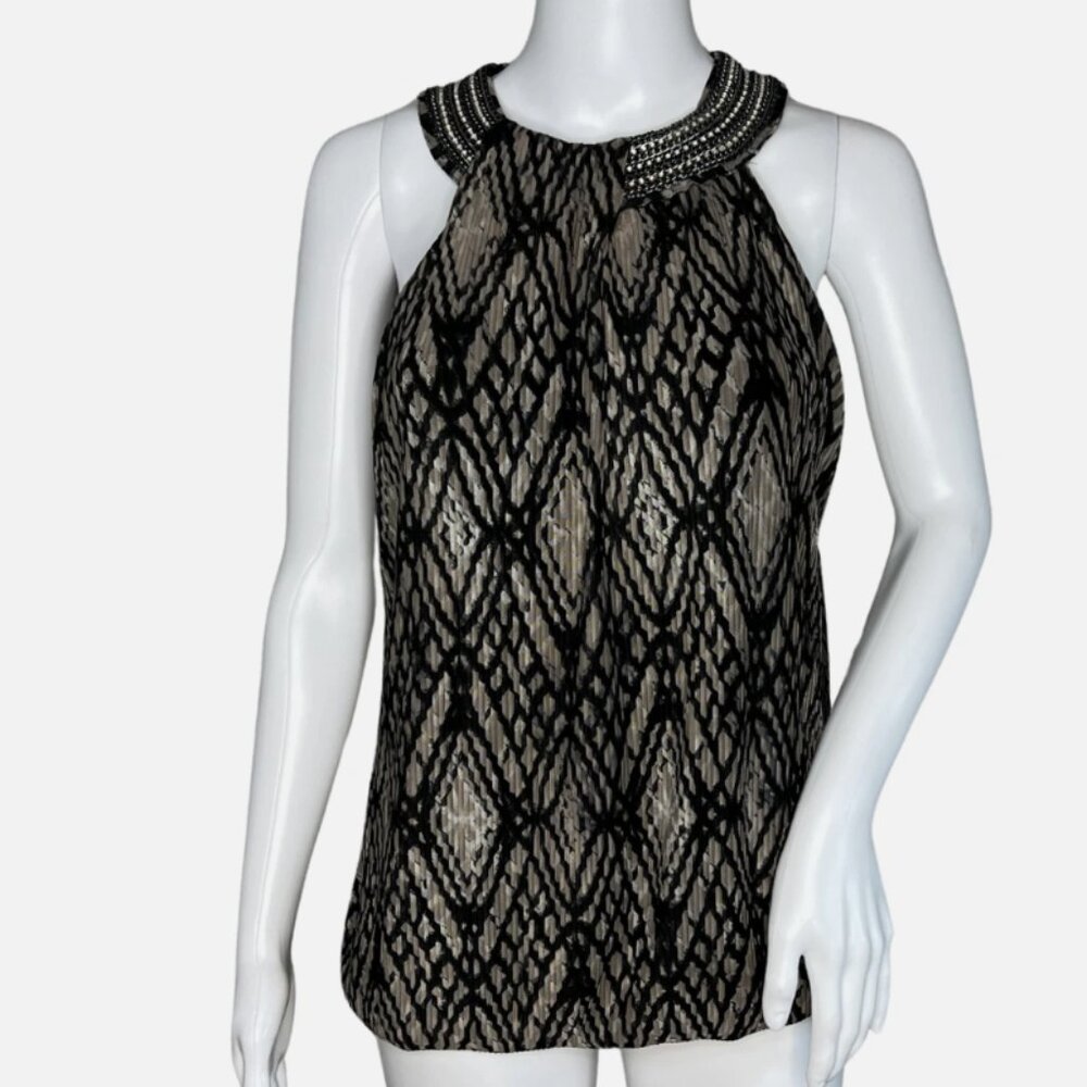 Alfani Womens Sleeveless Top Black/Tan Geo Print  Beaded Neckline Size P/L or M
